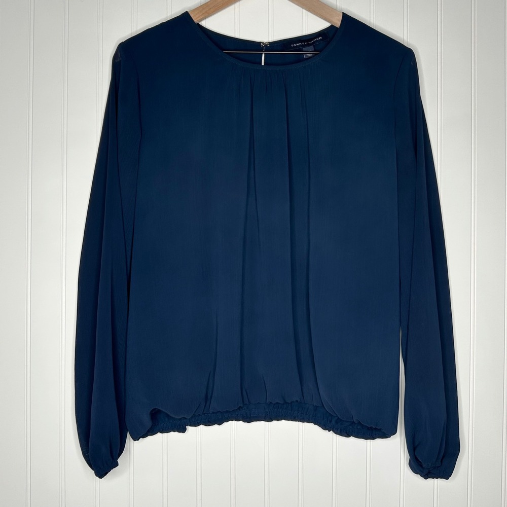 Tommy Hilfiger Womens Blouse L Navy Blue Pleated Chiffon Blouson Work Top